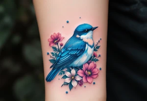 Puffy bluebird surrounded by wild flowers tattoo idea