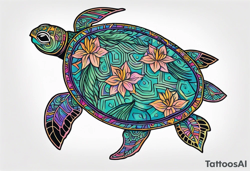 tropical psychedelic turtle's back, top down view, as seen from above tattoo idea