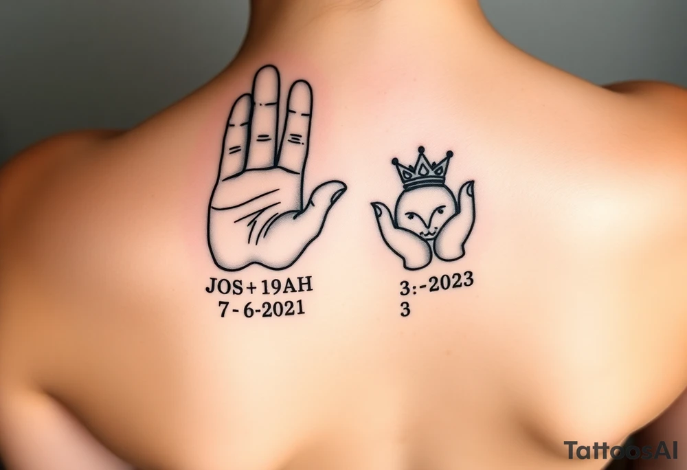 Womens hand out reached holding two small hands one of a 2 year old one of a new born and under the 2 yr Olds hand the name JOSIAH  and in romen numbers 7-6-2021 with a crow. and under the new horns hand the name ADIAN and the number 3-10-2023 in roman numbers with a smaller crown the the 2 yr holds tattoo idea