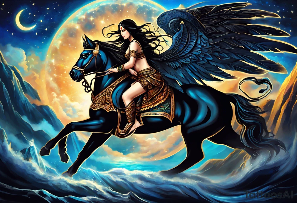 black kali, goddess pirate, alien, angel, pachamama, valkrye, warrior, flying, skull, lotus azul, wing, eagle, zenza resonance, stars, 5D, anahata chakra, death, durga, riding on a tiger, flying lady tattoo idea