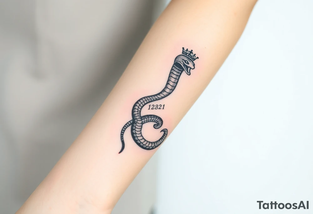 I want a small simple silhouette lines black and white wrist princess like royal snake tattoo that has number 12821 on its body along and also I want it to represent feminine energy crown queen Cycle tattoo idea