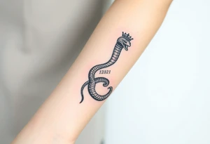 I want a small simple silhouette lines black and white wrist princess like royal snake tattoo that has number 12821 on its body along and also I want it to represent feminine energy crown queen Cycle tattoo idea