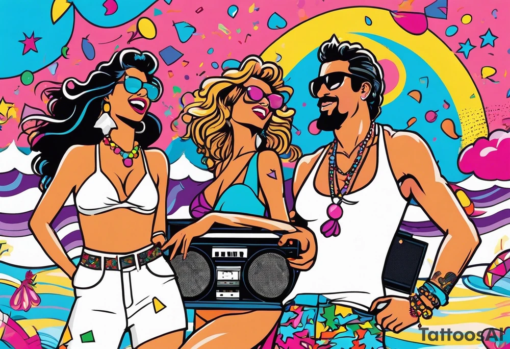 1980's miami vice style beach dance 
party, include confetti, music notes, boom box, bikinis tattoo idea