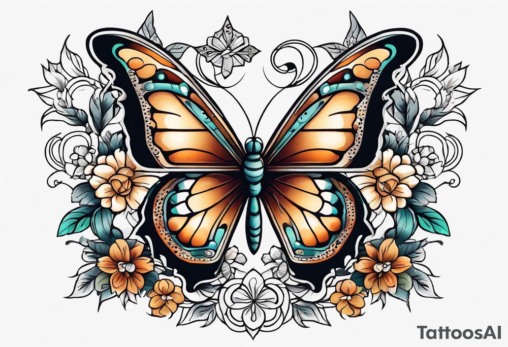 butterfly old school traditional vintage with flowers surrounding it tattoo idea