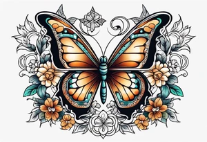 butterfly old school traditional vintage with flowers surrounding it tattoo idea