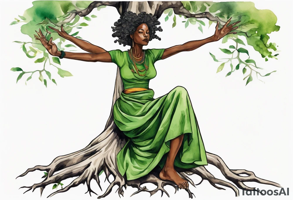 a tree trunk with roots that is a black woman from the waist up, feet made of tree roots, wearing a green tunic, arms stretched upwards towards the noon sun tattoo idea