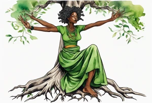 a tree trunk with roots that is a black woman from the waist up, feet made of tree roots, wearing a green tunic, arms stretched upwards towards the noon sun tattoo idea