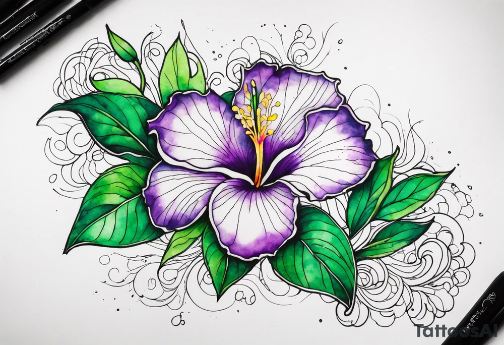 An outline of a rio dipladenia flower with a green and purple watercolor blotch splatter in the background tattoo idea