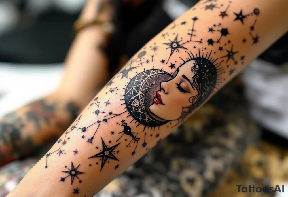 celestial sun and moon embrace with constellation patterns tattoo idea