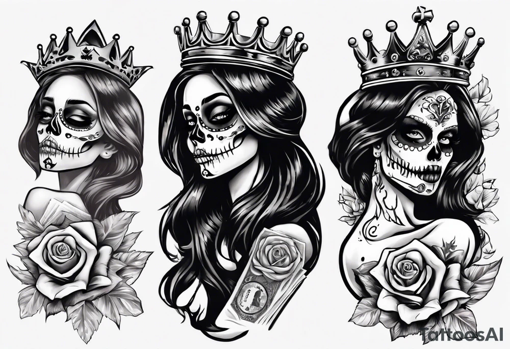 santa la muerta with money and crown
on the card tattoo idea