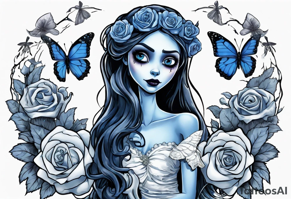 corpse bride Emily wearing a wedding dress she is holding a blue rose bouquet of flowers. one white daisy in the middle of the bouquet. one blue butterfly. A full moon on the background. full grown tattoo idea