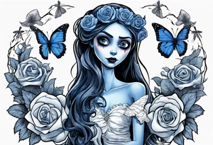 corpse bride Emily wearing a wedding dress she is holding a blue rose bouquet of flowers. one white daisy in the middle of the bouquet. one blue butterfly. A full moon on the background. full grown tattoo idea