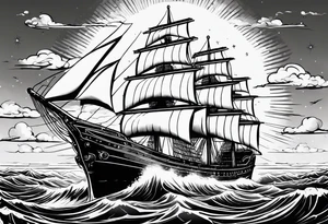 huge ship hitting in the sea with sun on the sky
without many details tattoo idea