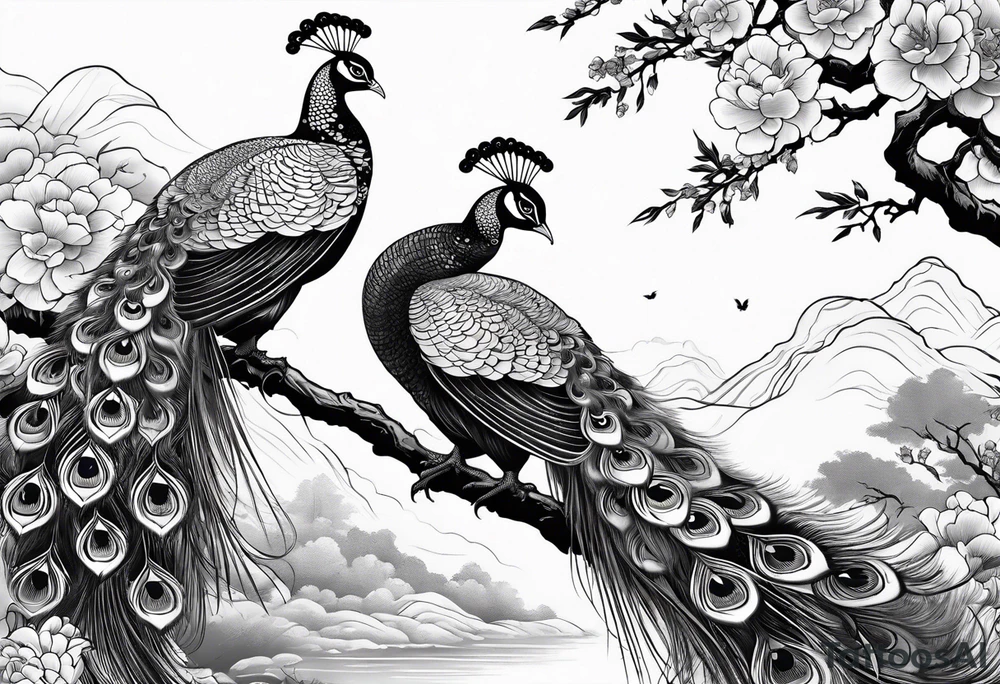 chinese peacocks flying tattoo idea