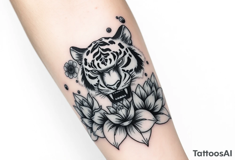 fierce tiger emerging through blooming lotus flowers in mist tattoo idea