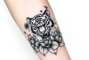 fierce tiger emerging through blooming lotus flowers in mist tattoo idea