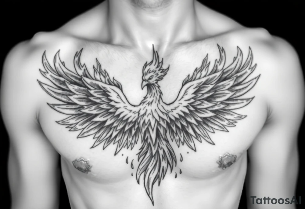 Realistic and symmetrical flaming Phoenix rebirth with spread low wings surrounded by fire mapped onto chest
Phoenix head must be in the middle of the chest, straight and symmetrical 
Fire should be surrounding spread wings
Wings should be spread low only on chest muscle tattoo idea