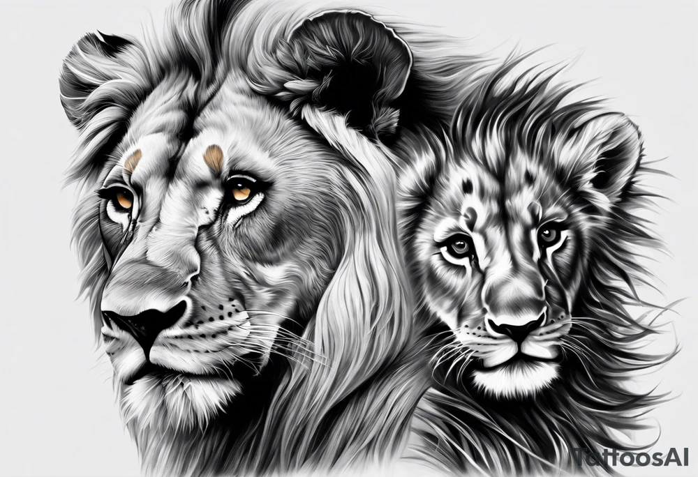 black and white tattoo featuring a lion, lioness, and lion cub. The lion faces upward towards the sky, looking in the opposite direction of the lioness. The lion cub is positioned below them, looking up.   Inspired by the lion king tattoo idea
