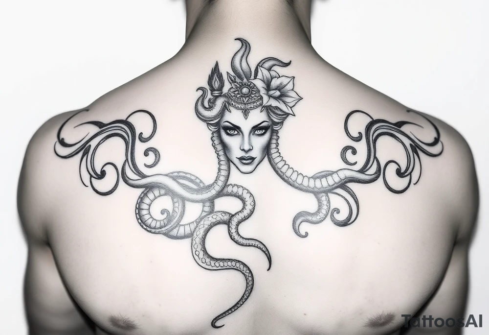 A Beautiful soft feminine sexy Medusa chest peice Black and white with shading tattoo idea