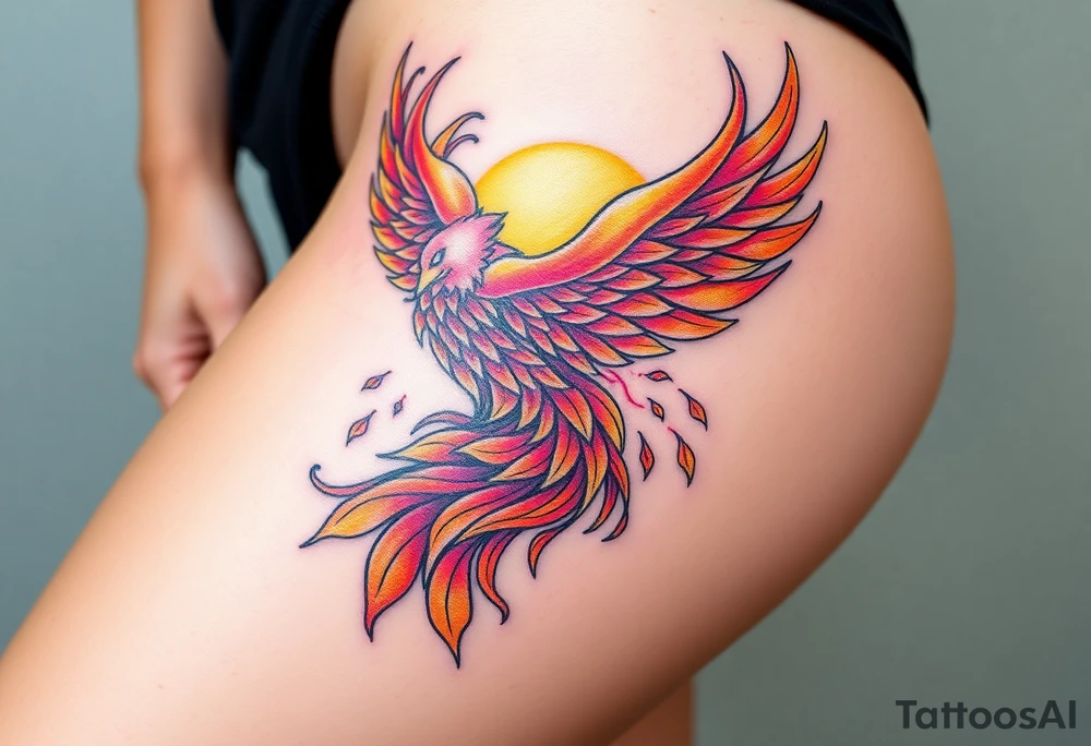 magnificent phoenix rising from flames with trailing embers pinks golds orange and yellows with a golden sunset and sky with puffy clouds and heaven backdrop tattoo idea