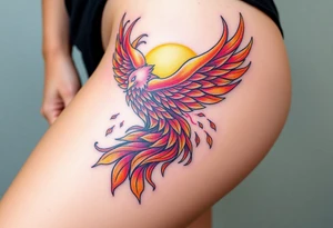 magnificent phoenix rising from flames with trailing embers pinks golds orange and yellows with a golden sunset and sky with puffy clouds and heaven backdrop tattoo idea