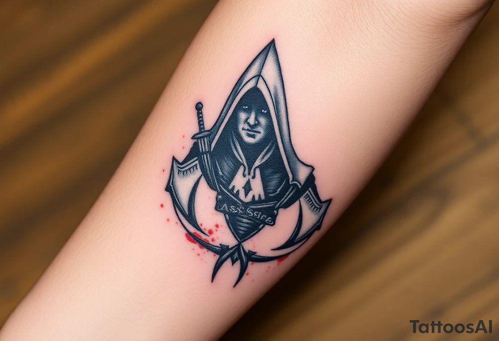 Assassins Creed emblem with Ezio hooded character with blood splashes and weapons tattoo idea