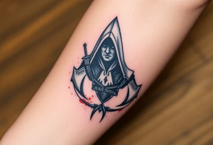 Assassins Creed emblem with Ezio hooded character with blood splashes and weapons tattoo idea