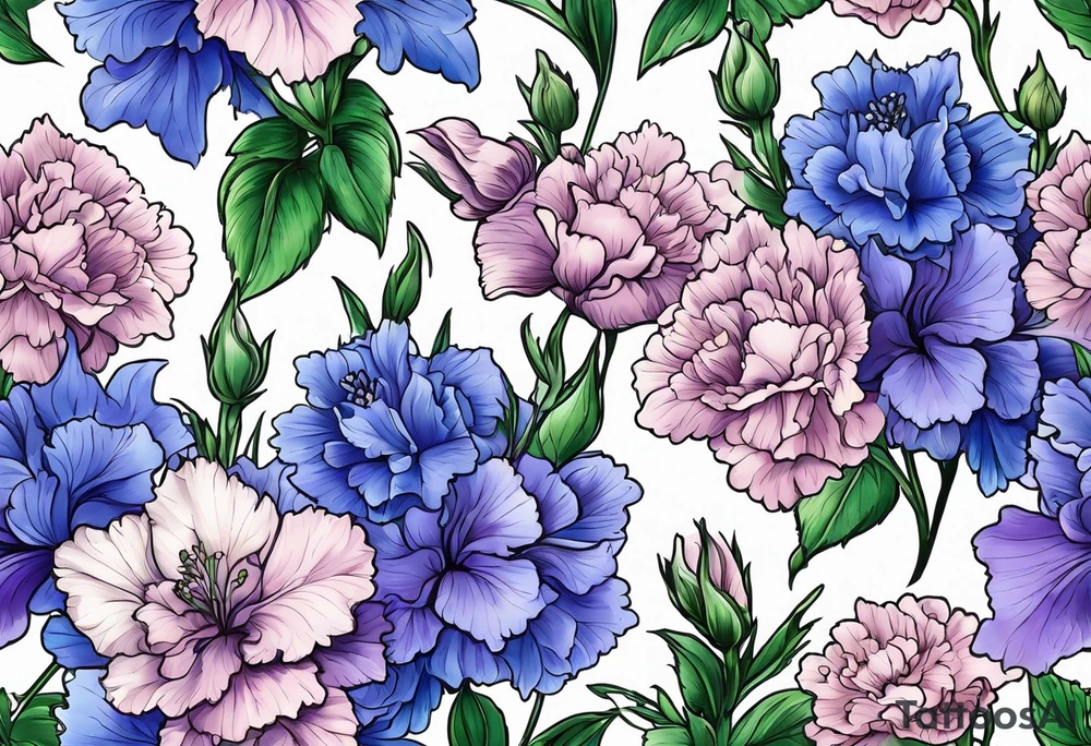 Larkspur flowers and carnation flowers in all color. Colors blue, purple, green, and light blue tattoo idea