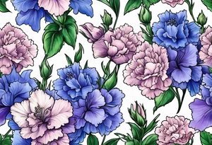 Larkspur flowers and carnation flowers in all color. Colors blue, purple, green, and light blue tattoo idea