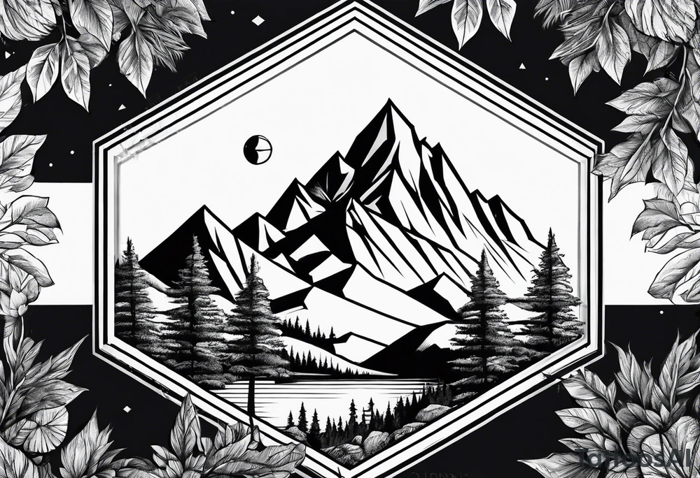 hexagon with mountain with trees tattoo idea