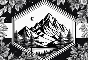 hexagon with mountain with trees tattoo idea