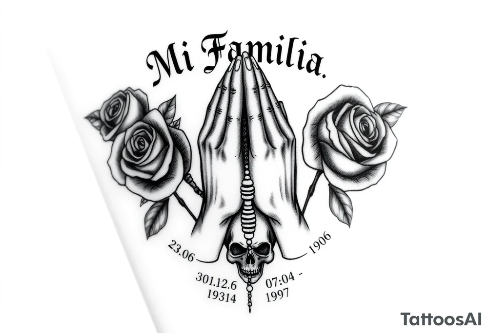 Black and grey gang style tattoo design. Centered praying hands with a rosary, surrounded by three realistic roses. Above the hands, gothic text saying 'Mi Familia'. Below each rose, a date in this order: '23.06.1980', '30.12.1946', '07.04.1979'. Add a crowned skull subtly in the background, symbolizing loyalty after death. Chicano tattoo style, fine shading, no color tattoo idea