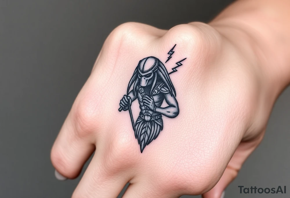 Predator with staff pointing towards sky with lighting bolt tattoo idea