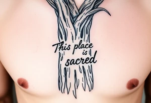 This place is sacred hand written on the trunk of a Hawaiian breadfruit tree tattoo idea