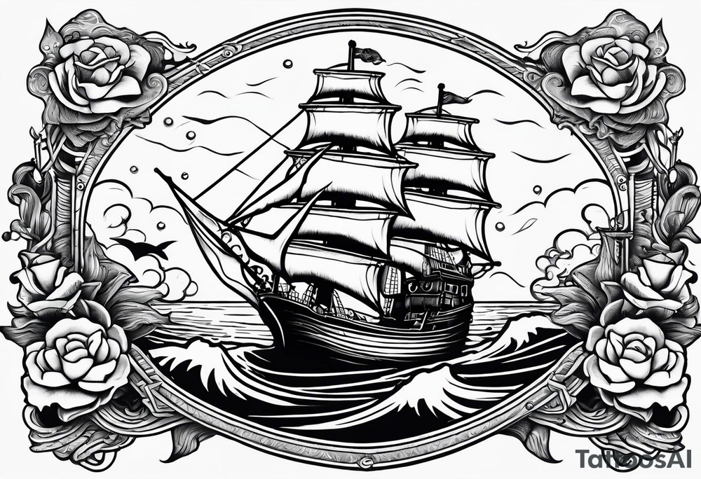 A American traditional tattoo style ship sinking with a mermaid on the right holding a rope and the mermaid on the left holding a dagger tattoo idea