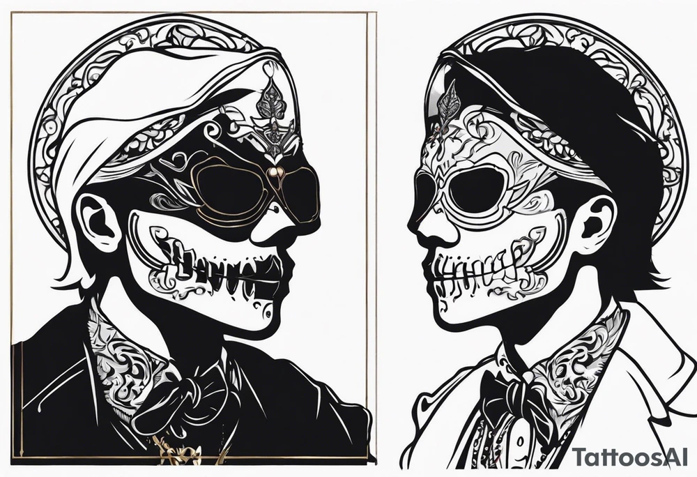 A skeleton removes a masquerade mask from its face tattoo idea