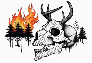 side profile of a DECAYING deer skull JUST BONE supernatural cannibal surrounded by a flames and trees tattoo idea