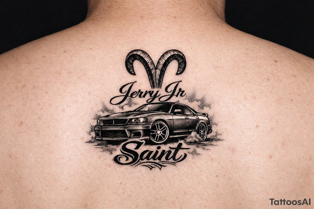 Aries symbol with Jerry Jr name and nickname Saint with a car with rims tattoo idea