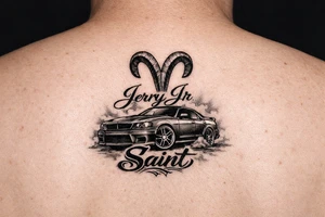 Aries symbol with Jerry Jr name and nickname Saint with a car with rims tattoo idea