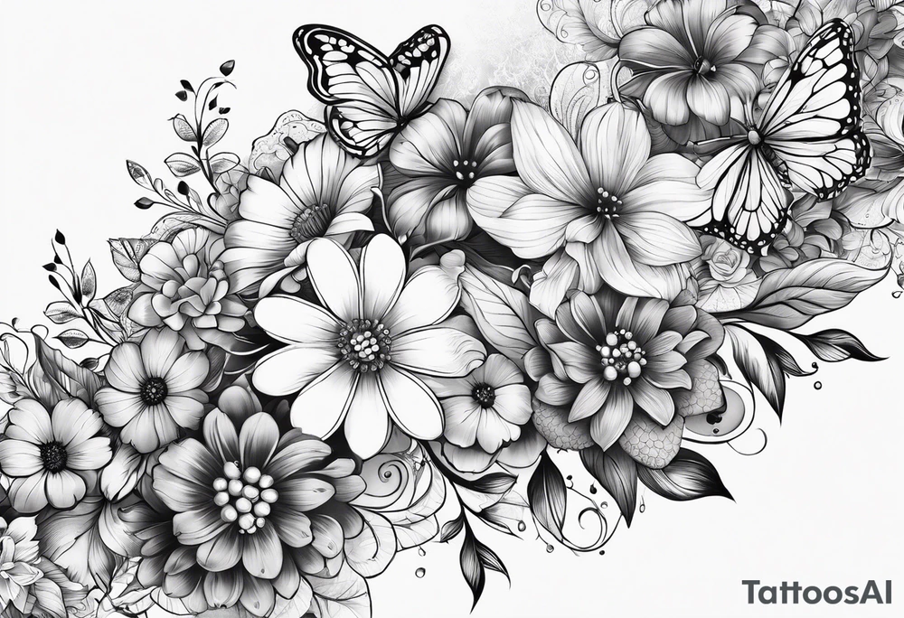 lace feminine full arm sleeve
with butterflies and flowers tattoo idea