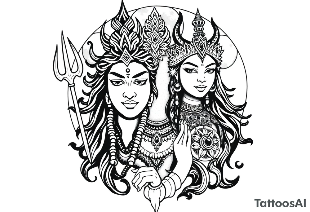 Lord Shiva, Godess Kali, Godess Lilith with the moon phases in the background tattoo idea
