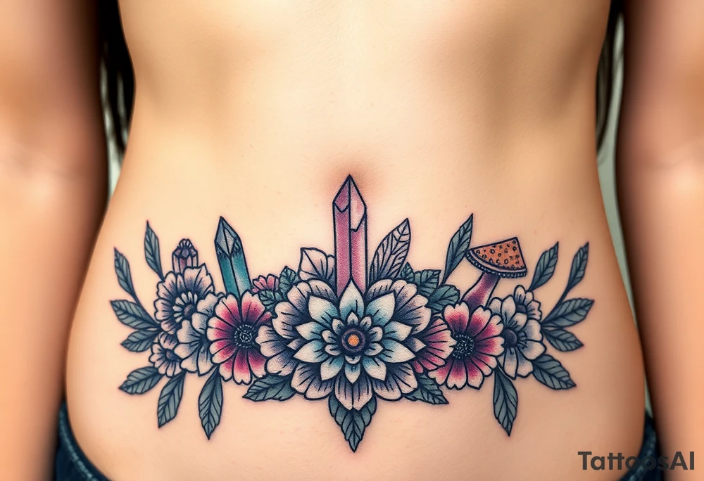Boho  tattoo with crystals and  mandala style flowers and mushrooms under breast tattoo idea