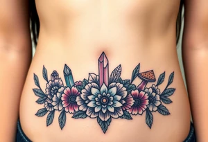 Boho  tattoo with crystals and  mandala style flowers and mushrooms under breast tattoo idea