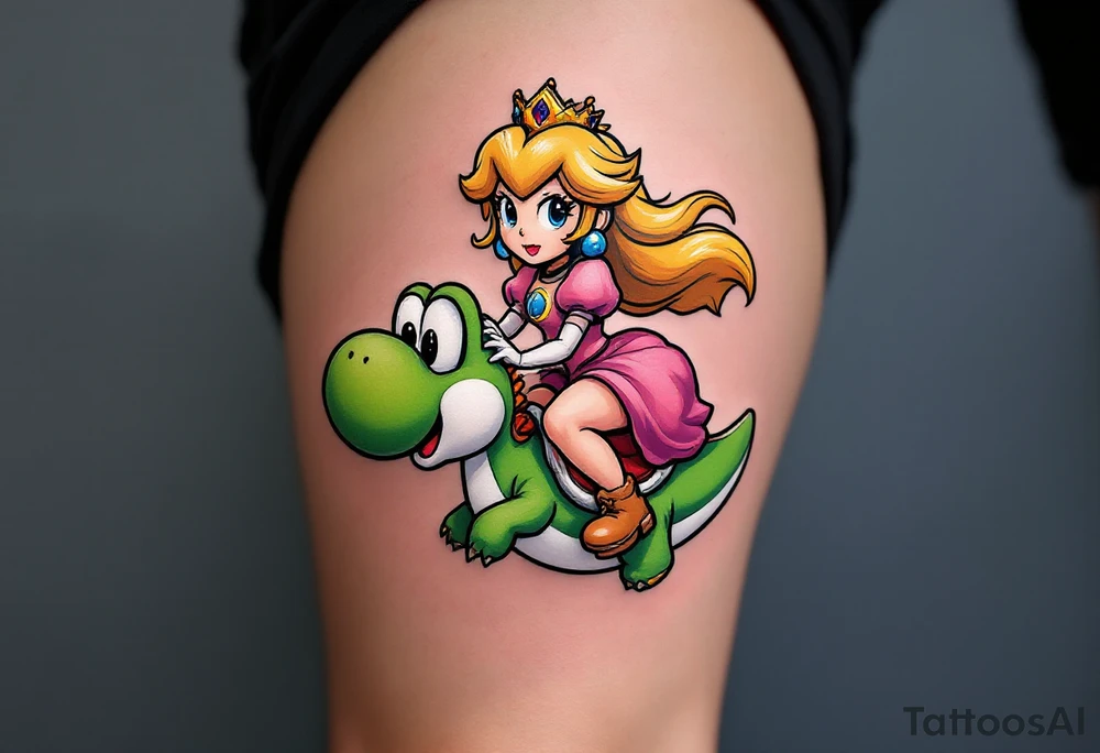 Princess Peach riding Yoshi from Mario Bros with vibrant colors. Make it more like the super Mario bros movie. Her dress should be poofier and covering her legs while he has red saddle with white trim tattoo idea