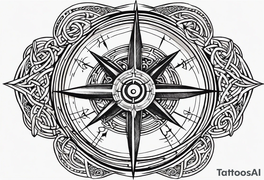 A compass with a labyrinth on the inside and to Celtic swords going through the center of the compass tattoo idea