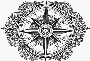 A compass with a labyrinth on the inside and to Celtic swords going through the center of the compass tattoo idea