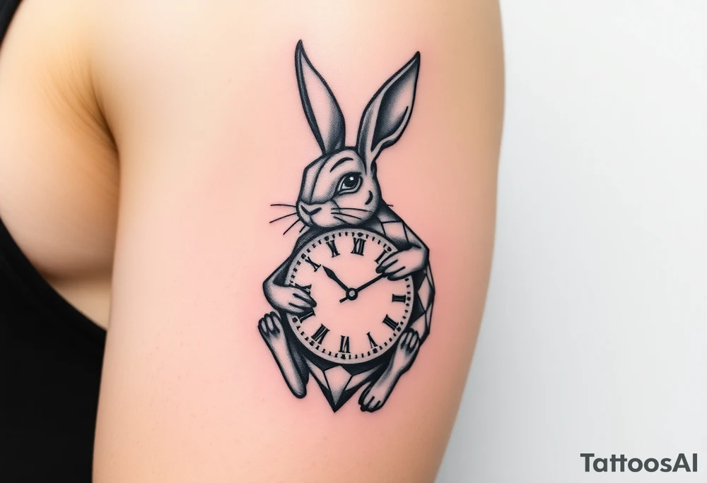 Geometrical rabbit holding a clock tattoo idea