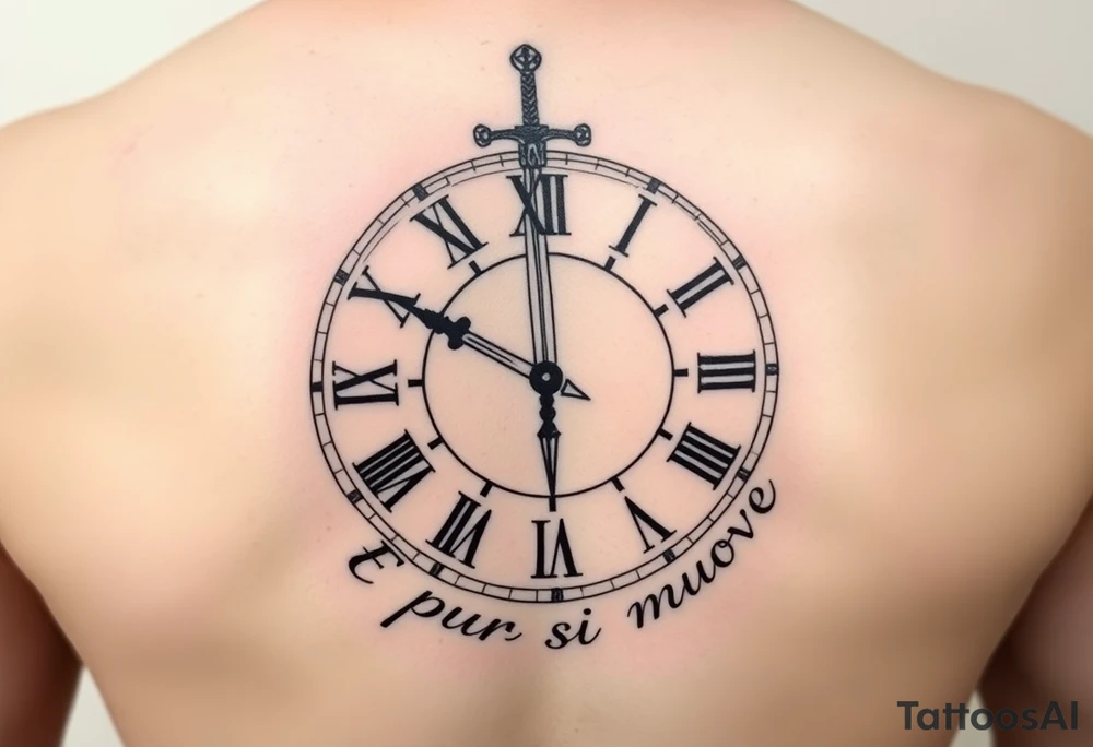 Abstract Roman Numeral Clock with Sword as Hand

Imagine an abstract clock face where III, IX, and XCI are highlighted marks (like hours), but a little distorted, non-perfect to symbolize adversity.
Instead of clock hands, you could use a small sword or dagger pointing to "9" (March 9th).
Around or under the clock, wrap the Latin phrase in a circular way: E pur si muove — almost orbiting the design.
This would give the tattoo an almost "time/strength/resilience" energy. tattoo idea