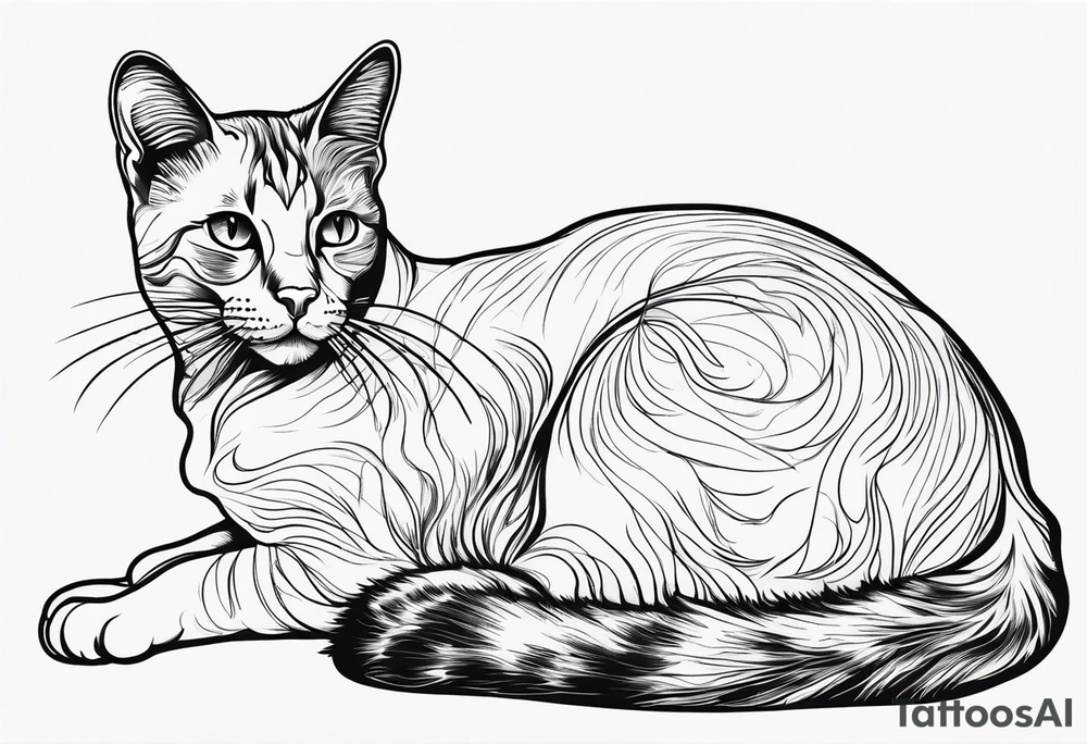 Design a simple outline tattoo of a cat stretching, embodying grace and flexibility, perfect for a subtle yet expressive design tattoo idea