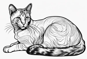 Design a simple outline tattoo of a cat stretching, embodying grace and flexibility, perfect for a subtle yet expressive design tattoo idea